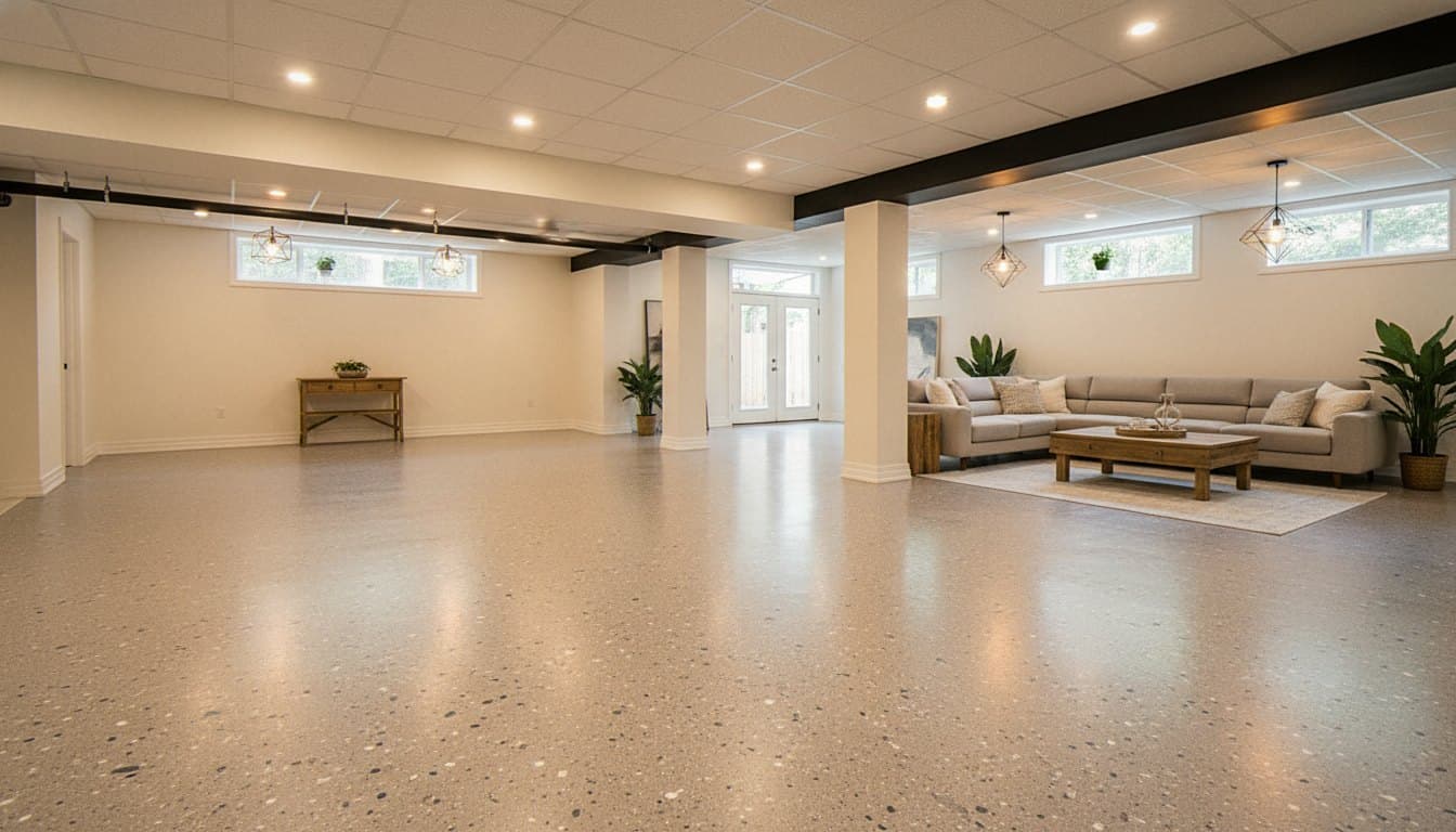 Finished basement with charcoal flake epoxy floor.