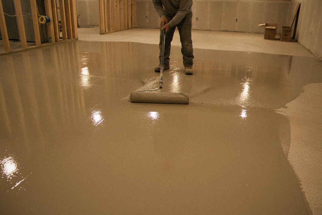 Epoxy base coat rolling across a basement slab.