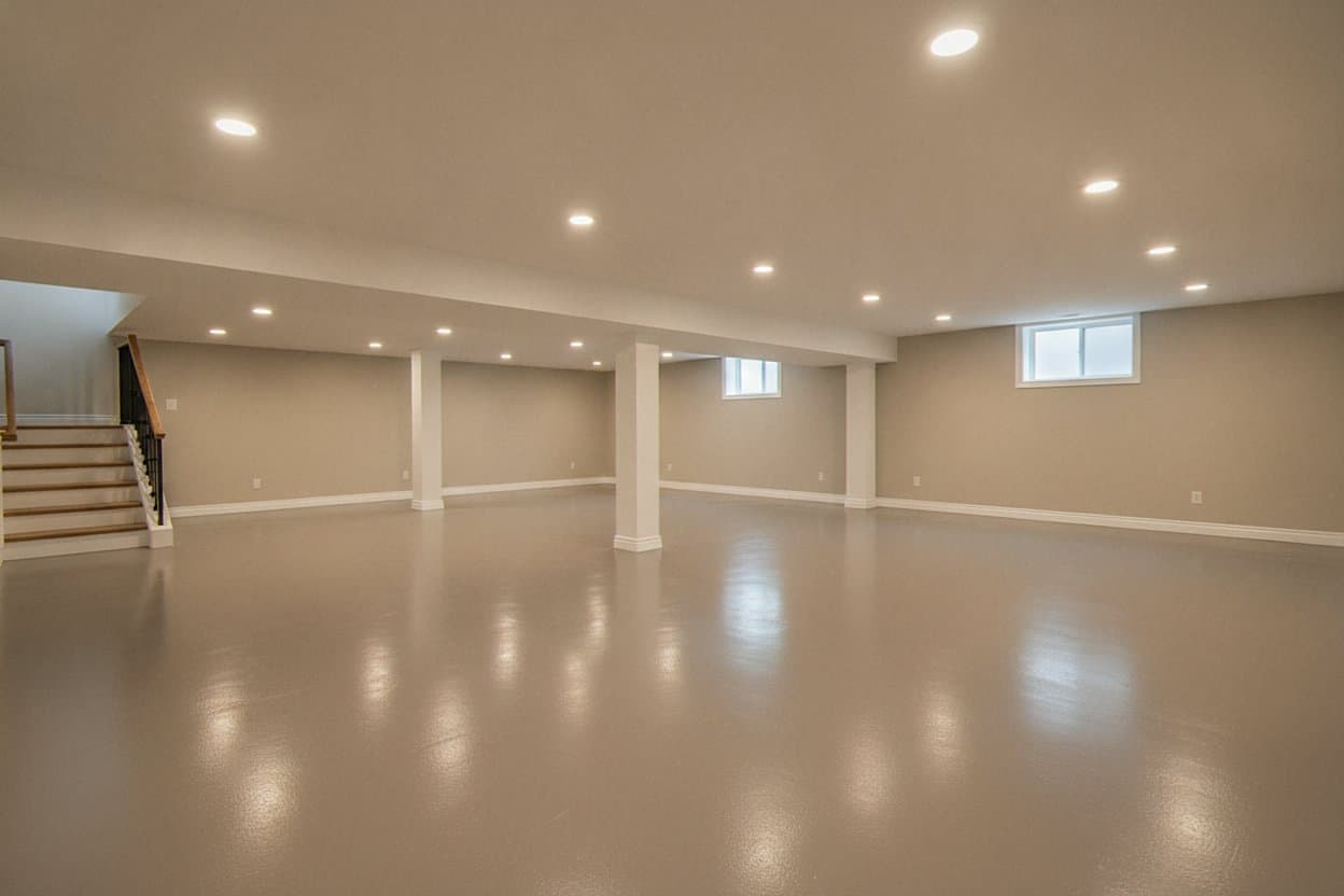 Aurora basement with bright flake epoxy floor.