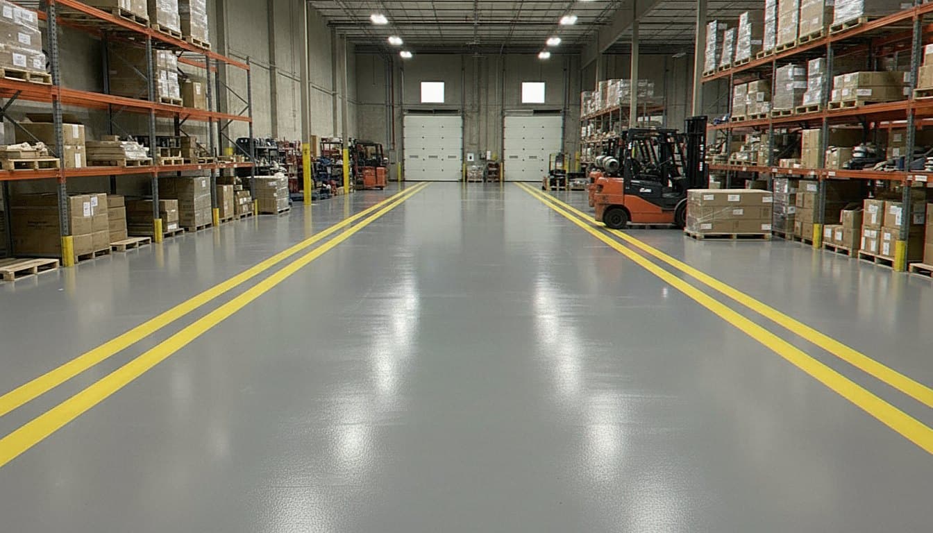 Warehouse floor with epoxy coating under overhead lights.
