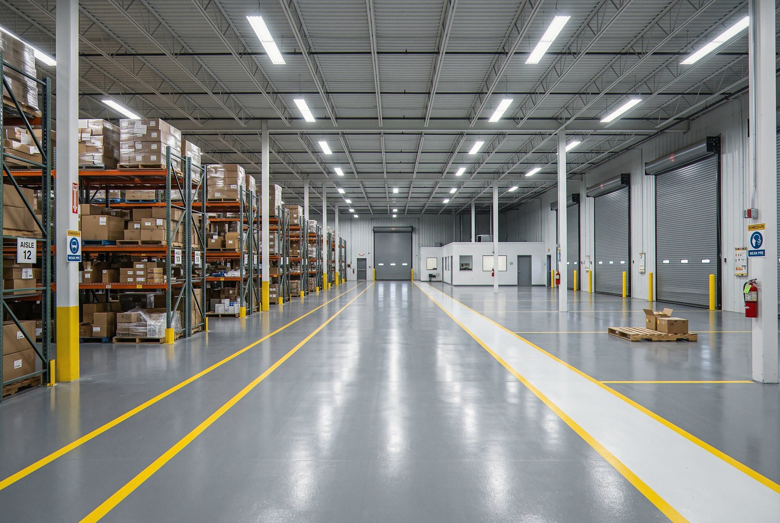 Wide warehouse interior with gray epoxy-coated floor.