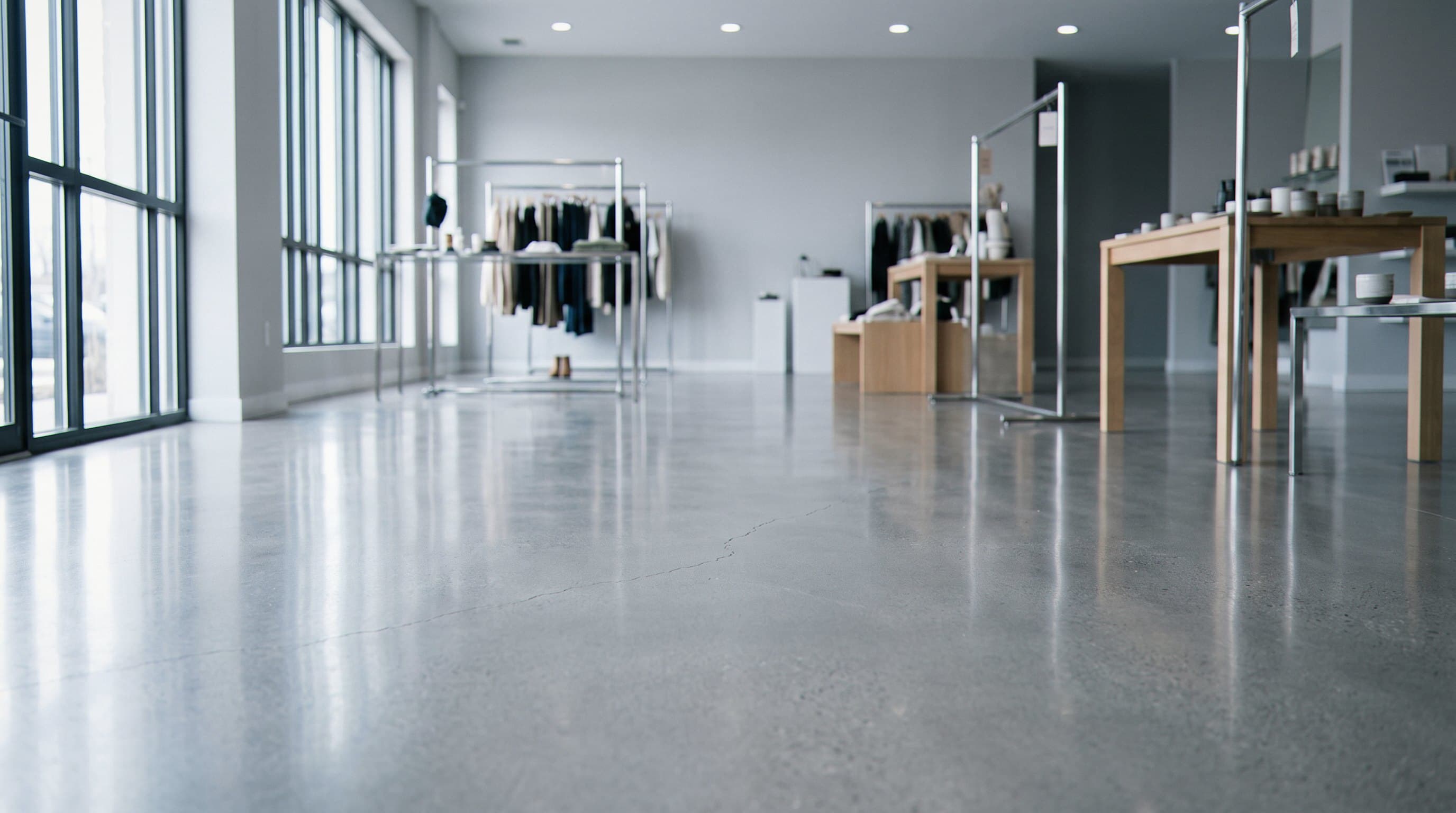 Wide polished concrete floor with glossy finish.