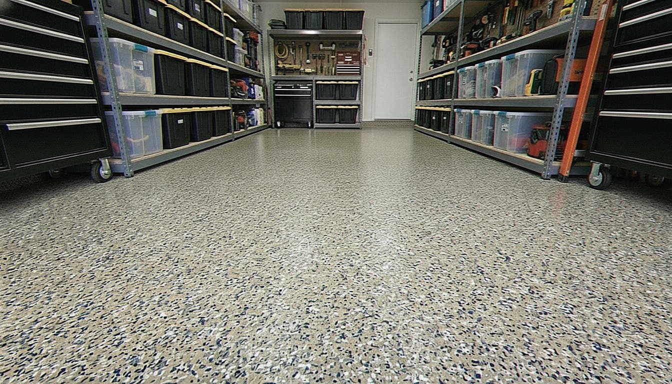 Garage with dense vinyl flake epoxy floor.