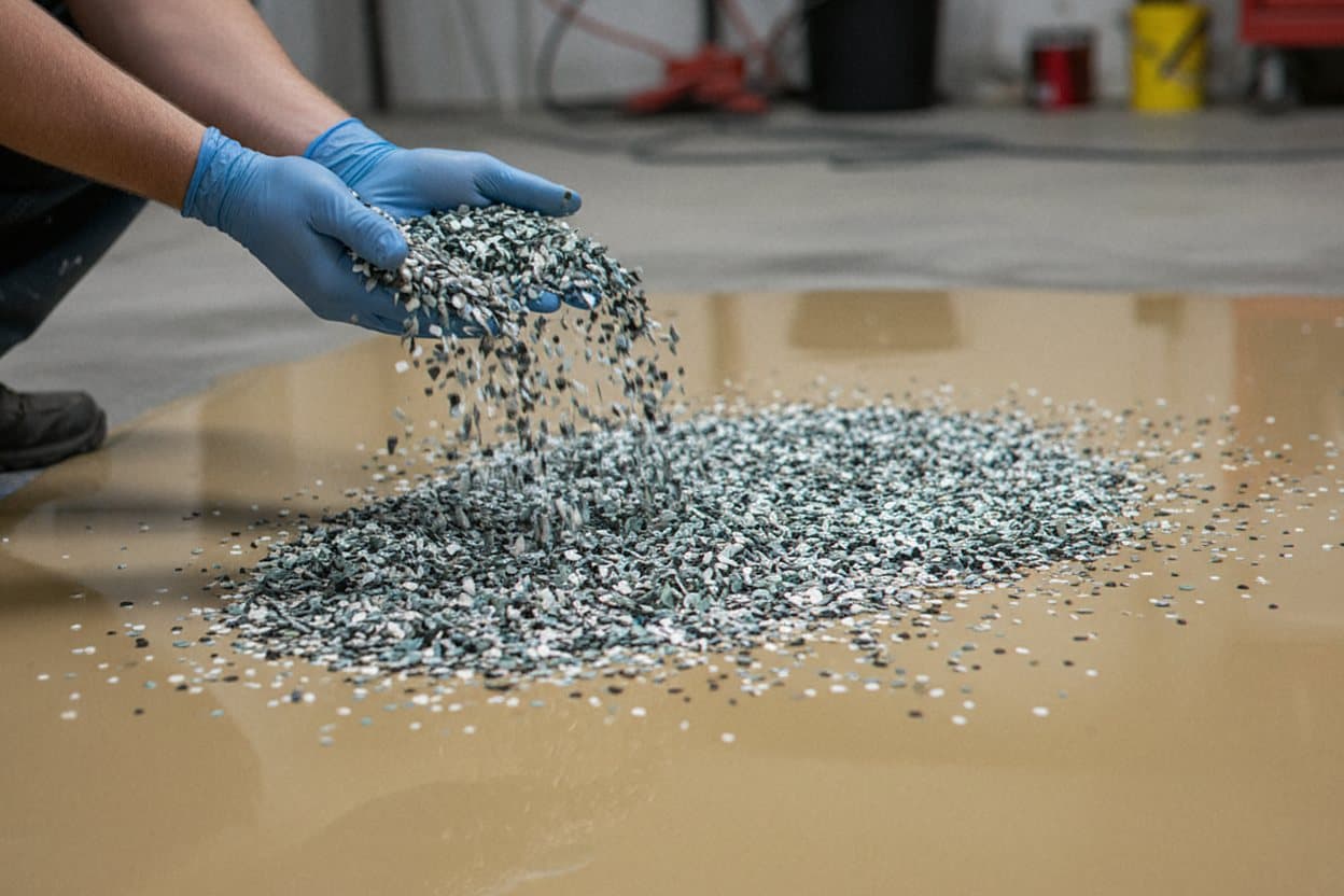 Vinyl chips broadcast over wet epoxy base coat.