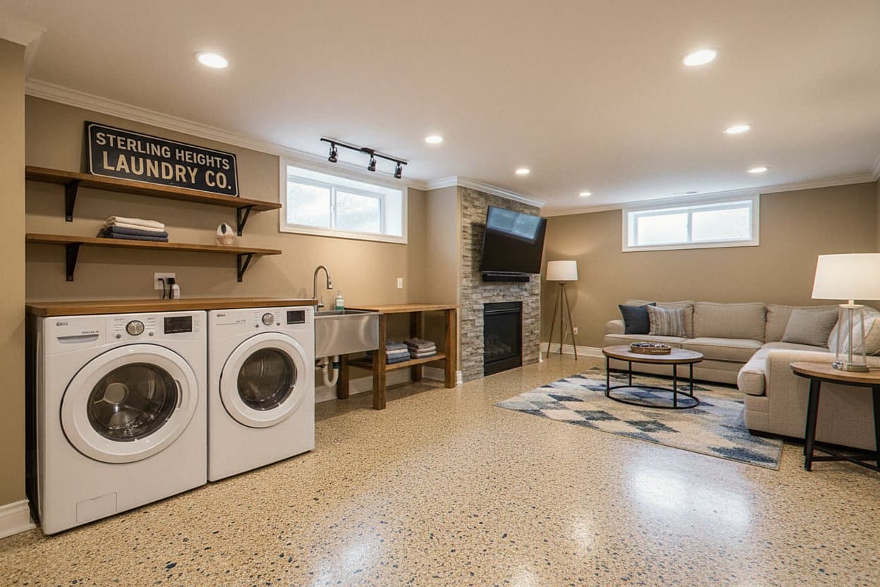 Wide two-car garage with full broadcast flake floor.