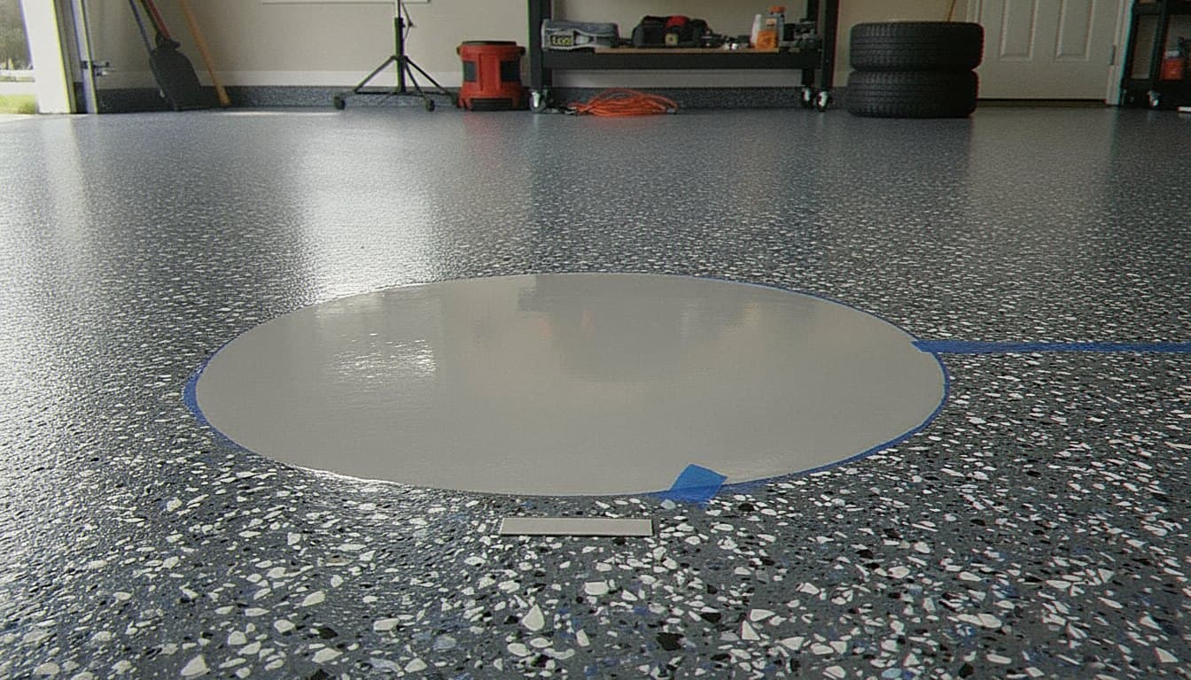 Recoated garage floor with fresh charcoal flake finish.