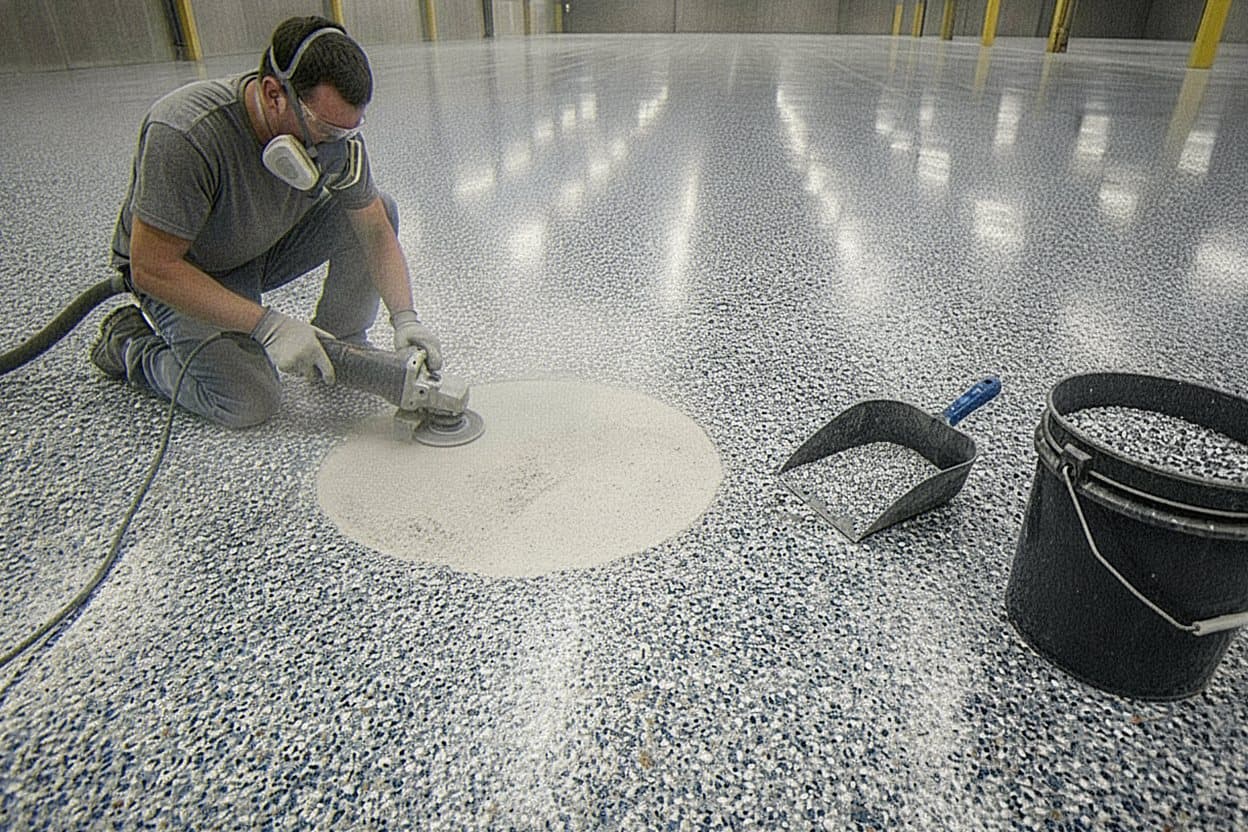 Grinding off failed epoxy coating on a slab.