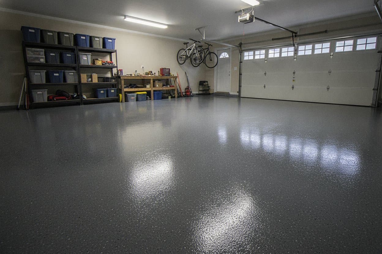 Garage after recoat showing fresh flake epoxy floor.