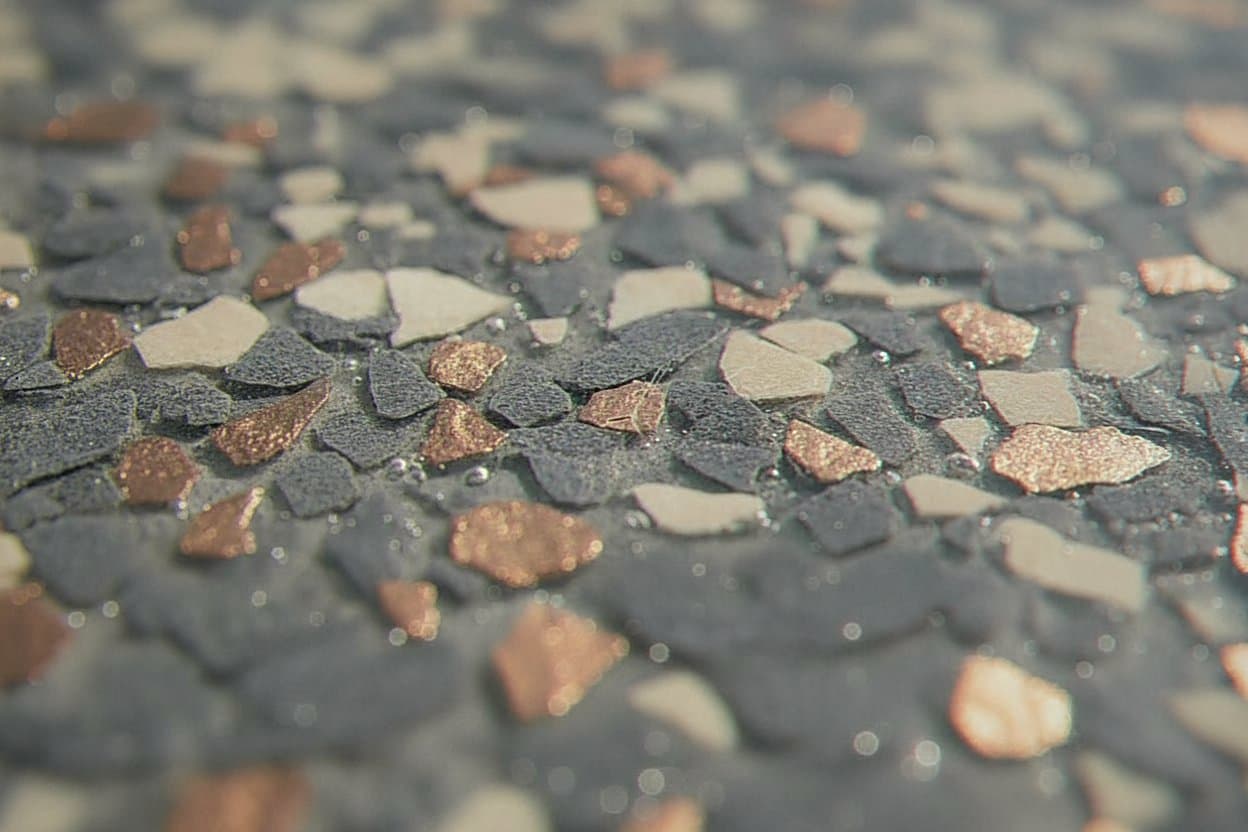 Close-up of flake epoxy surface on a garage floor.