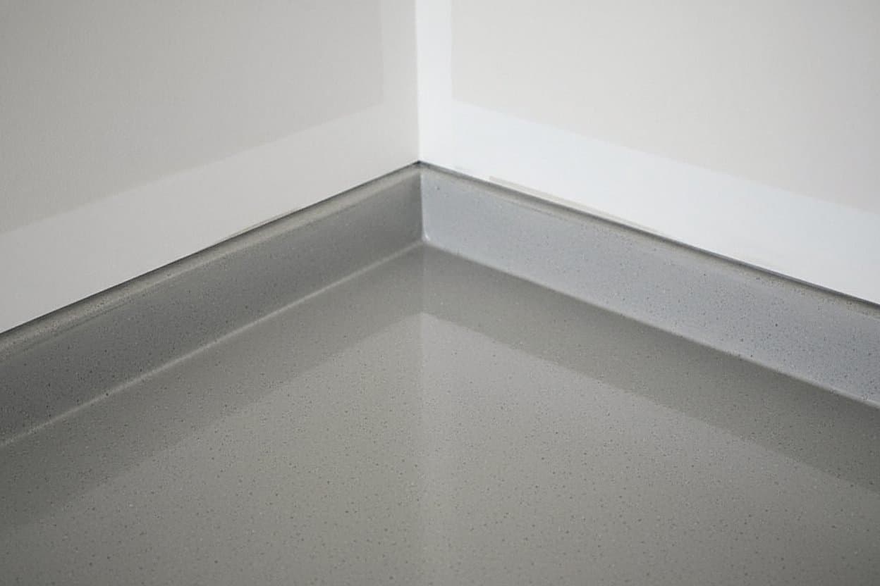 Epoxy floor edge detail along a garage baseboard.