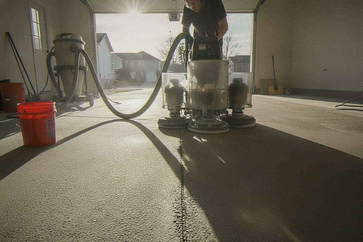 Diamond grinder opening a garage concrete slab.