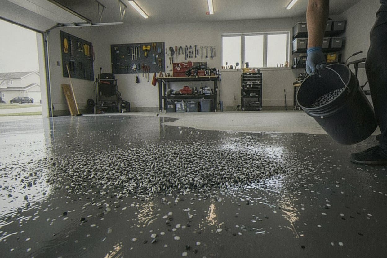 Epoxy base coat rolled across a bare garage slab.