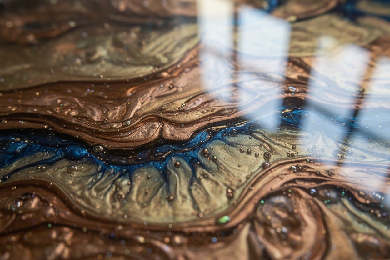 Close-up of swirled mica in cured metallic resin.
