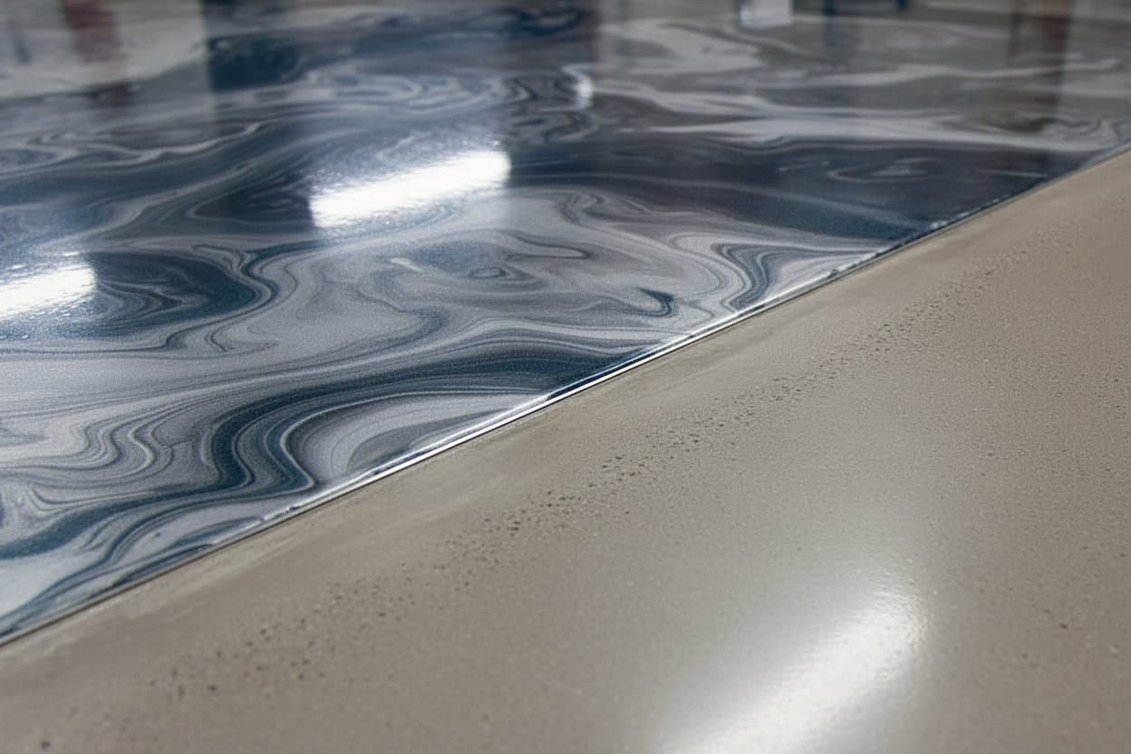 Metallic epoxy floor edge where it meets the wall.