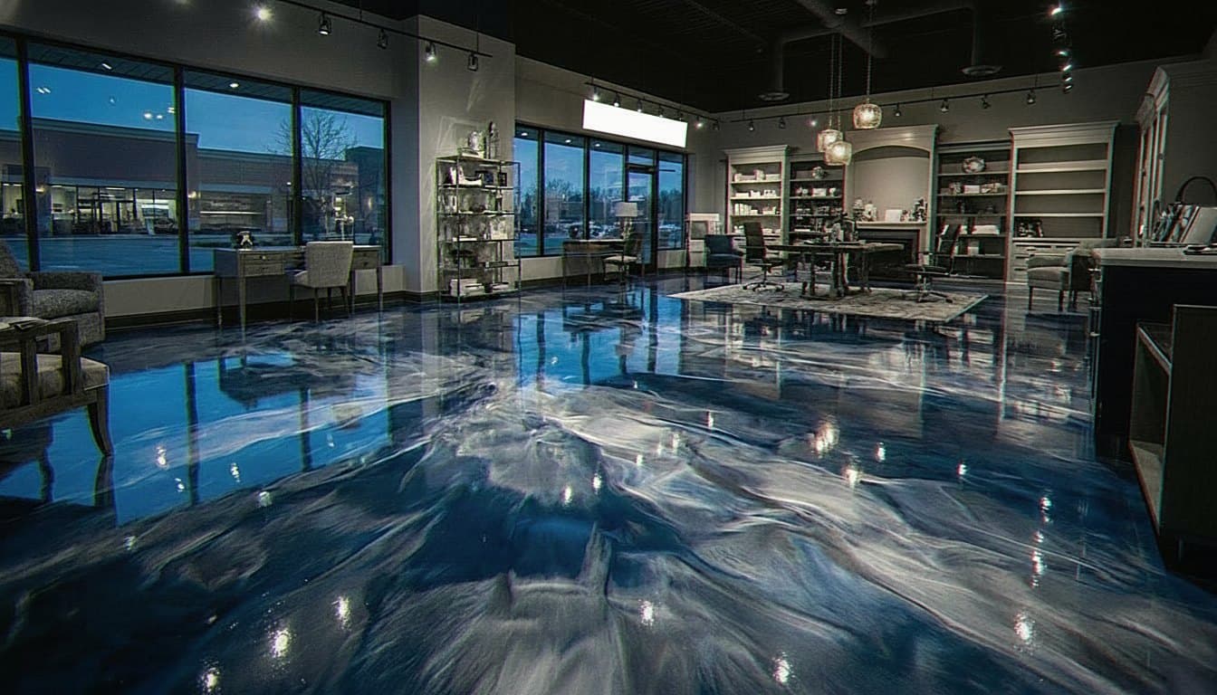 Metallic epoxy floor with copper swirl and gloss.