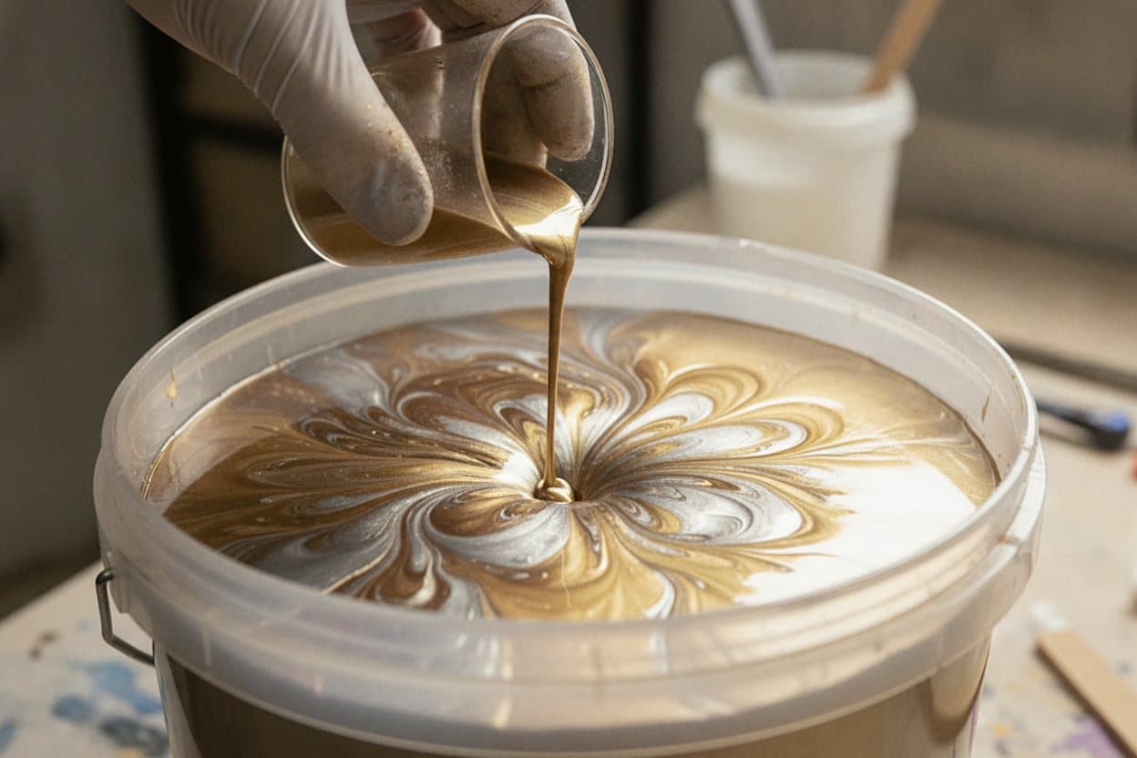 Trowel swirling metallic mica in wet epoxy.