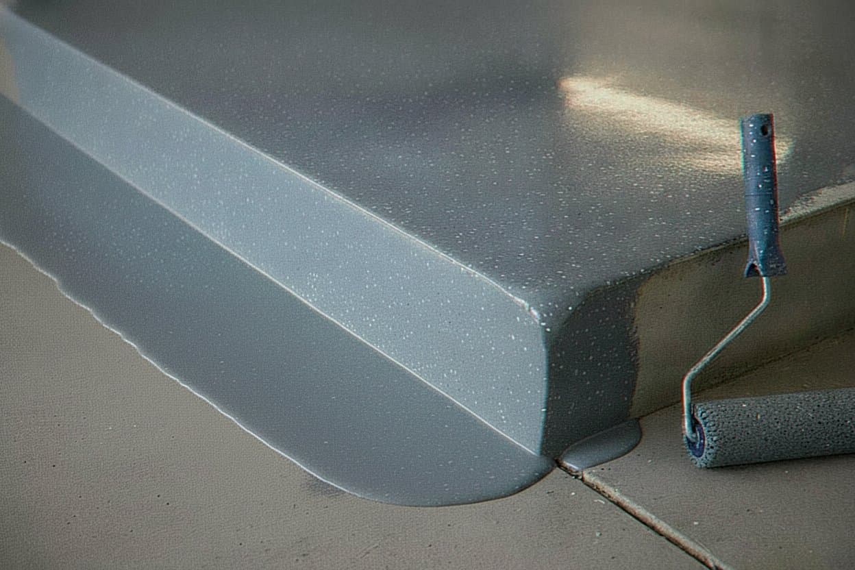 Polyaspartic topcoat edge over a cured flake floor.