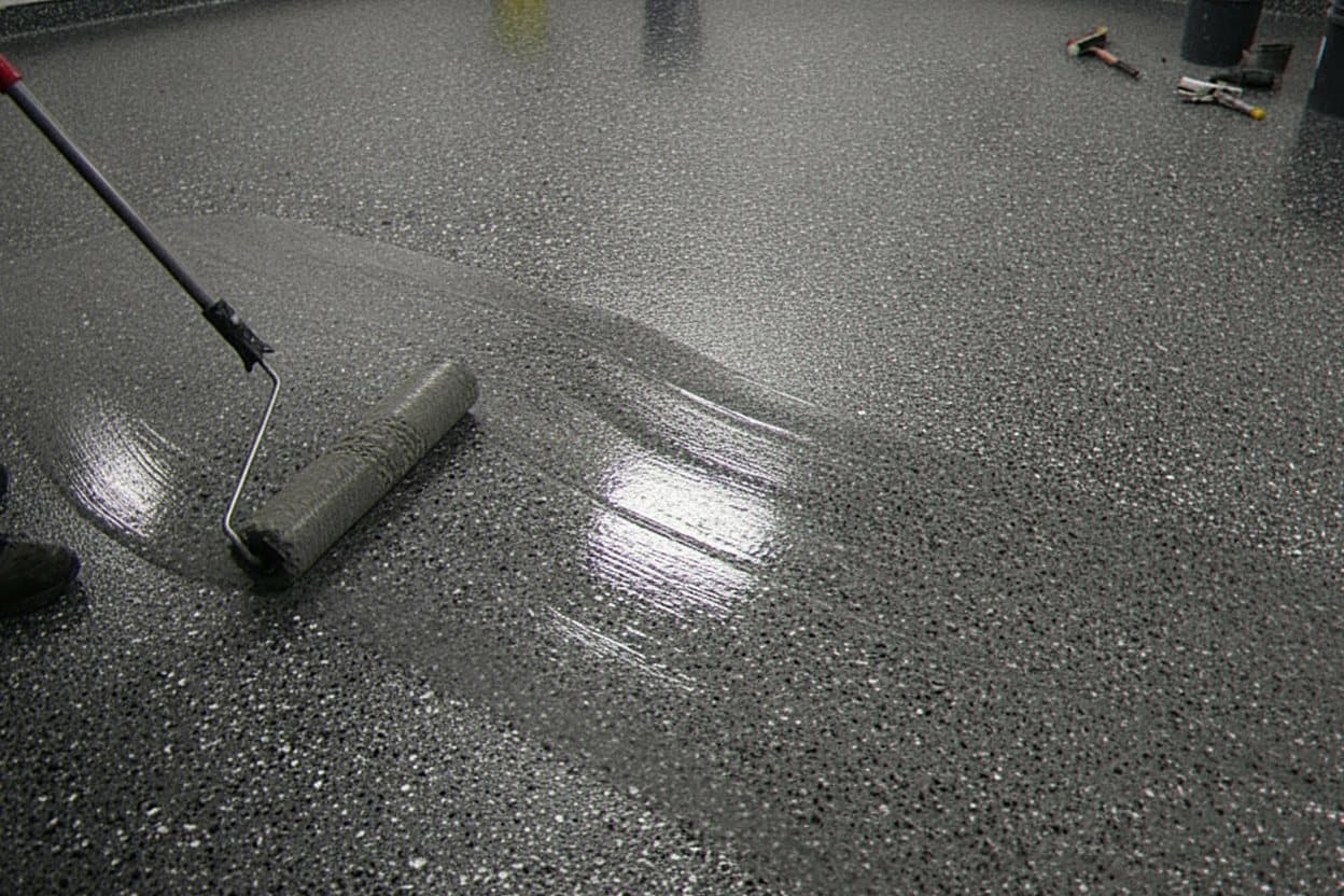 Roller applying polyaspartic topcoat over cured flake base.