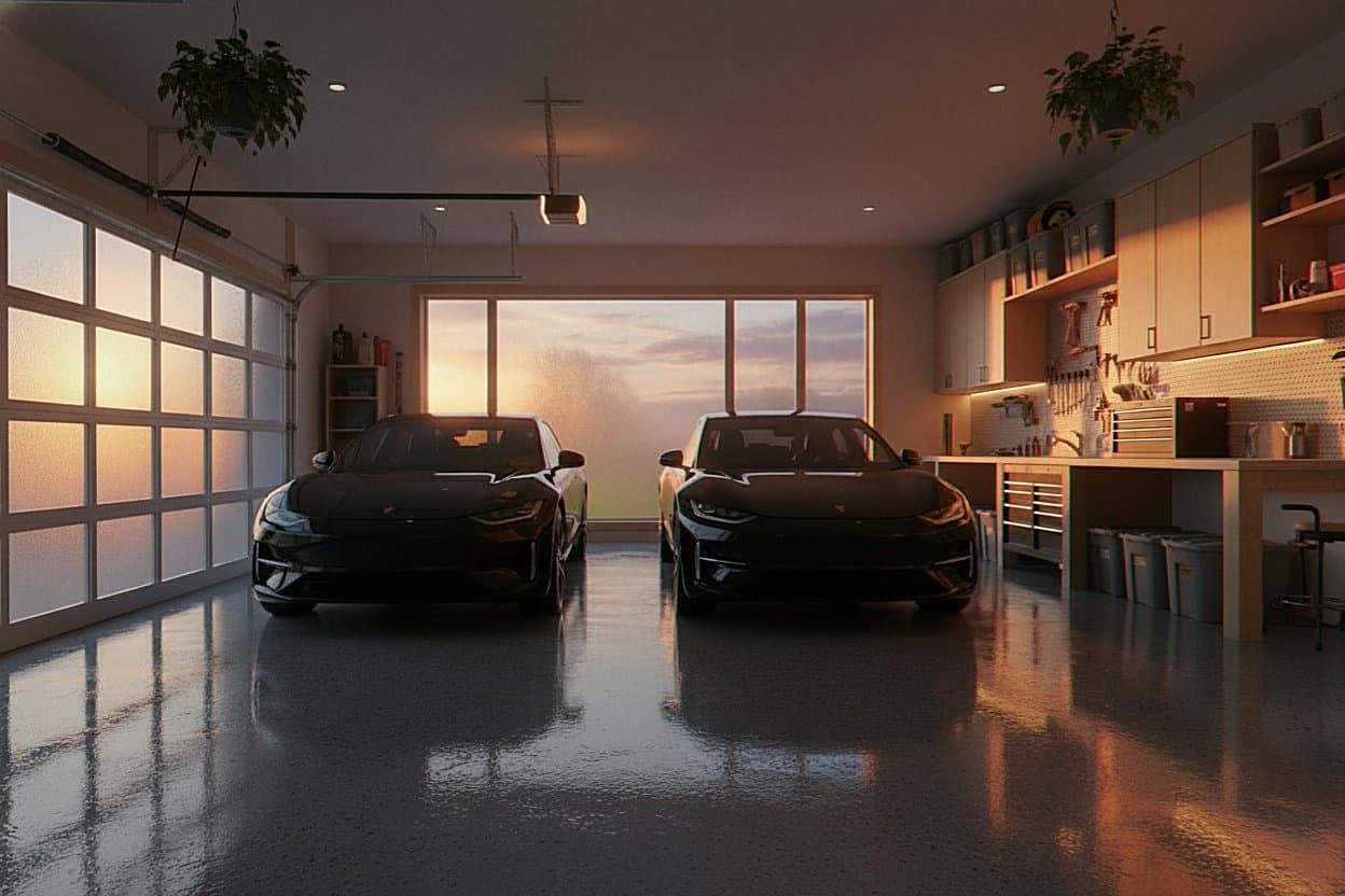 Wide garage floor with clear polyaspartic over flake.